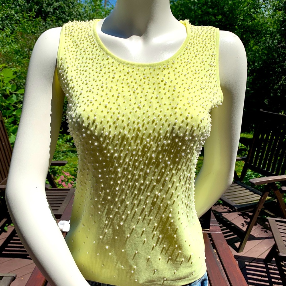 Light Green Woman Knit Tank Top Pearl Beadings US S to US M